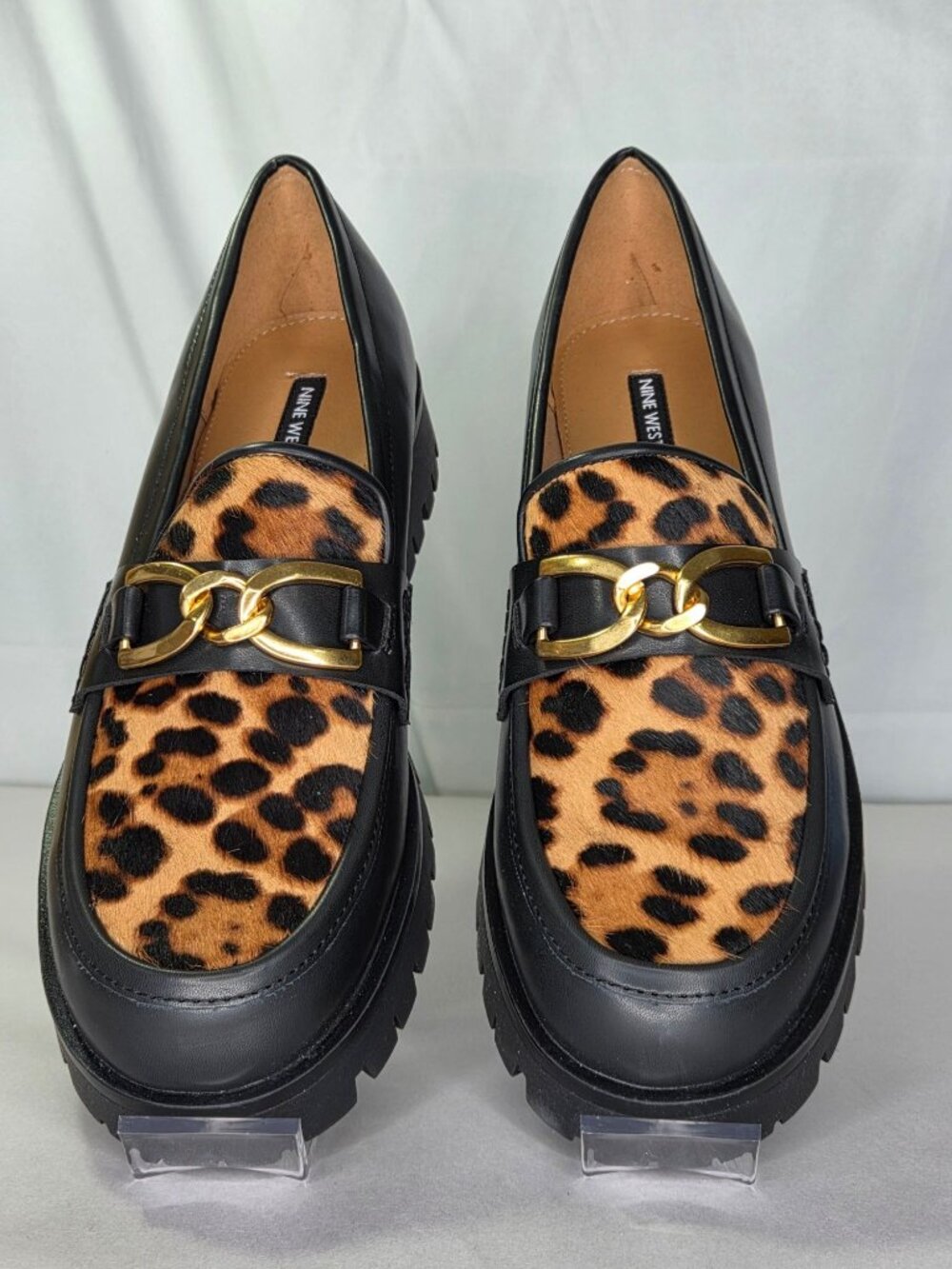 Nine West Gables Chain Bit Lug Loafers - Black/Leopard Calf Hair